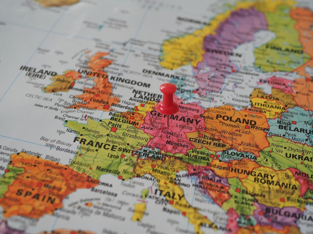 Map of Europe with a red pin marking Germany