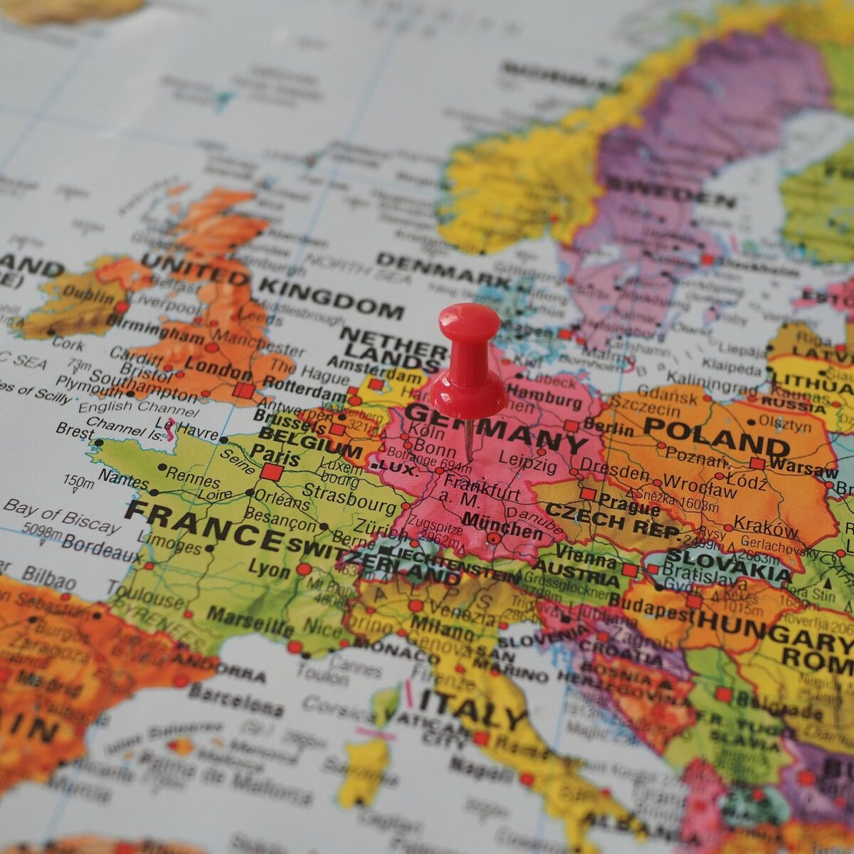 Map of Europe with a red pin marking Germany
